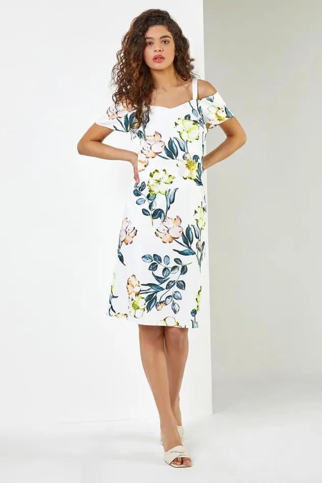 Women Ivory Floral Cold Shoulder Luxe Stretch Dress Roman Dresses