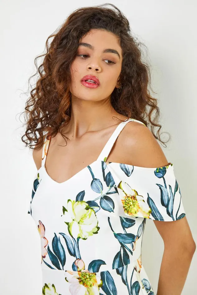 Women Ivory Floral Cold Shoulder Luxe Stretch Dress Roman Dresses