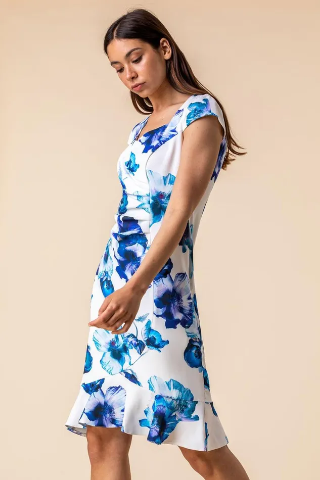 Women Ivory Floral Frill Hem Scuba Dress Roman Dresses