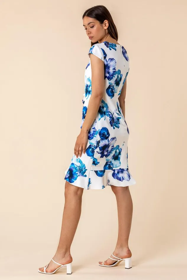 Women Ivory Floral Frill Hem Scuba Dress Roman Dresses