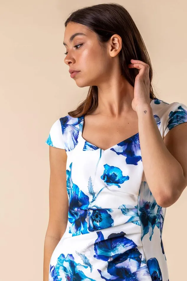 Women Ivory Floral Frill Hem Scuba Dress Roman Dresses