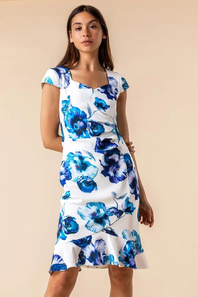 Women Ivory Floral Frill Hem Scuba Dress Roman Dresses