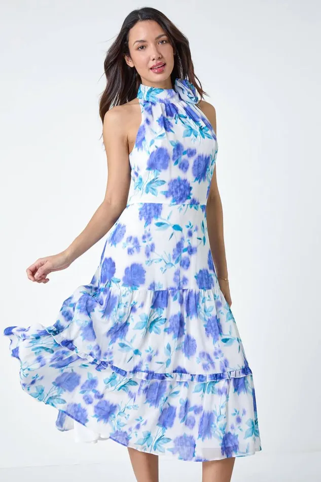 Women Ivory Floral Halterneck Chiffon Tiered Midi Dress Roman Dresses