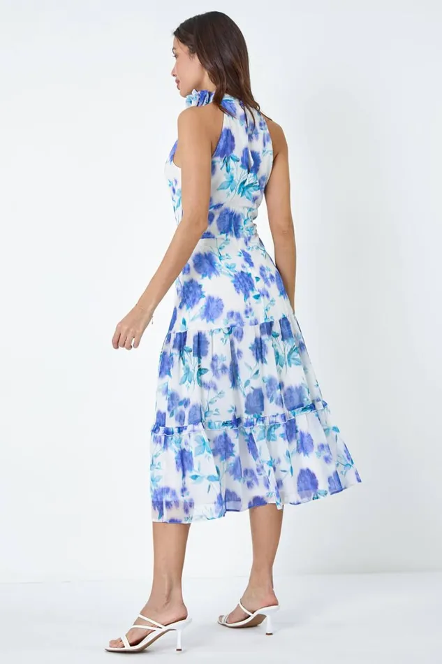 Women Ivory Floral Halterneck Chiffon Tiered Midi Dress Roman Dresses