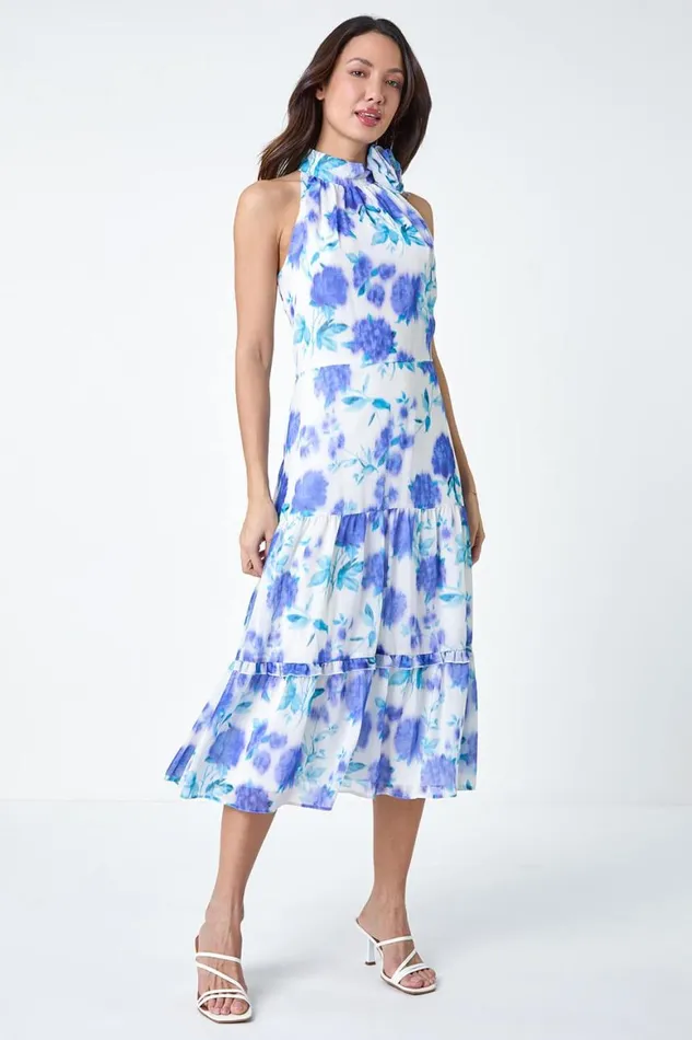 Women Ivory Floral Halterneck Chiffon Tiered Midi Dress Roman Dresses