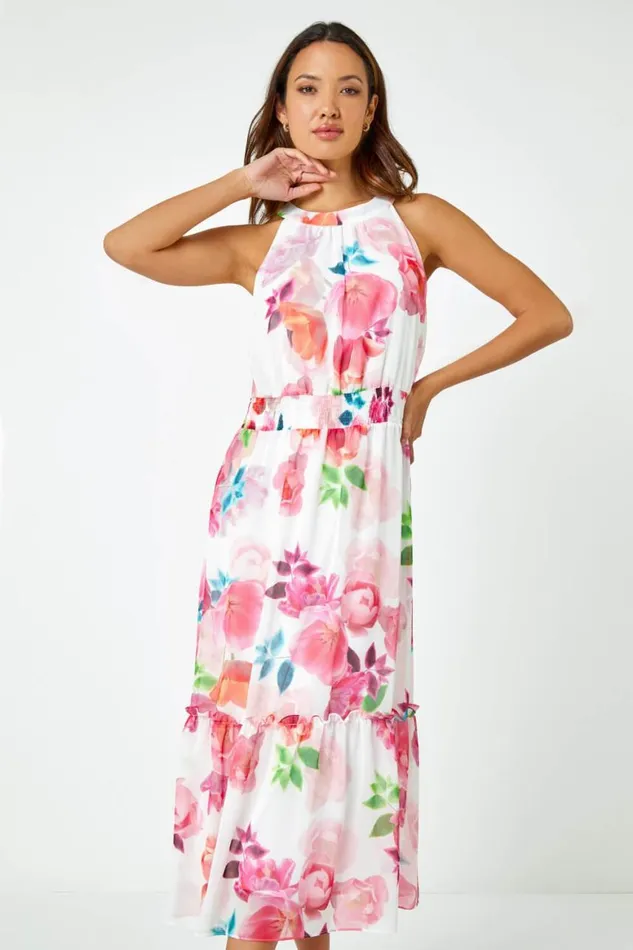 Women Ivory Floral Print Halterneck Chiffon Tiered Dress Roman Dresses
