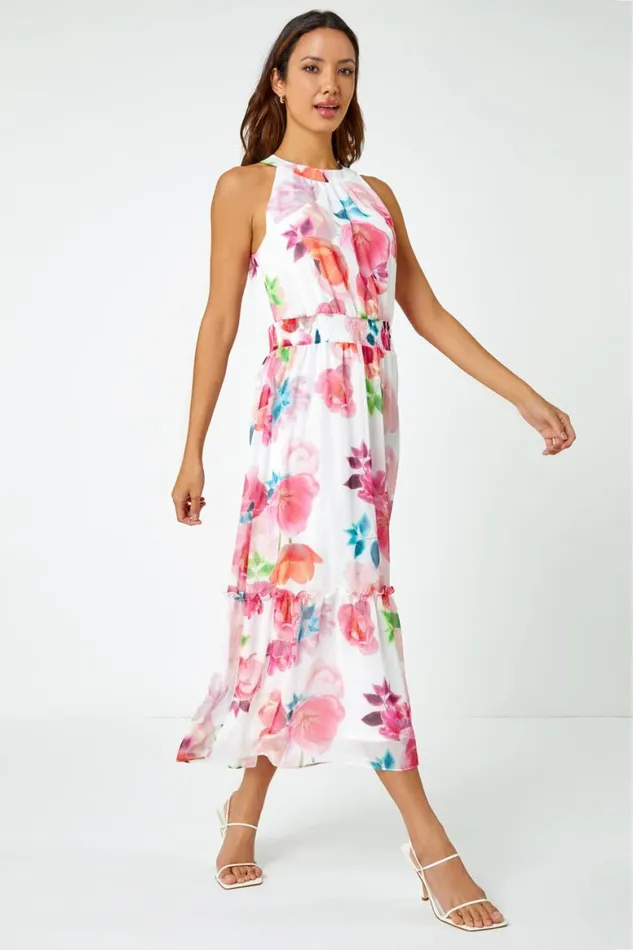 Women Ivory Floral Print Halterneck Chiffon Tiered Dress Roman Dresses