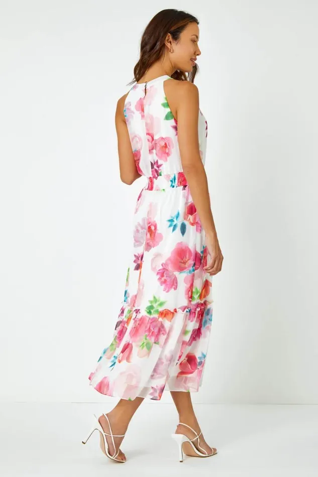 Women Ivory Floral Print Halterneck Chiffon Tiered Dress Roman Dresses