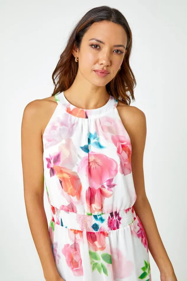 Women Ivory Floral Print Halterneck Chiffon Tiered Dress Roman Dresses