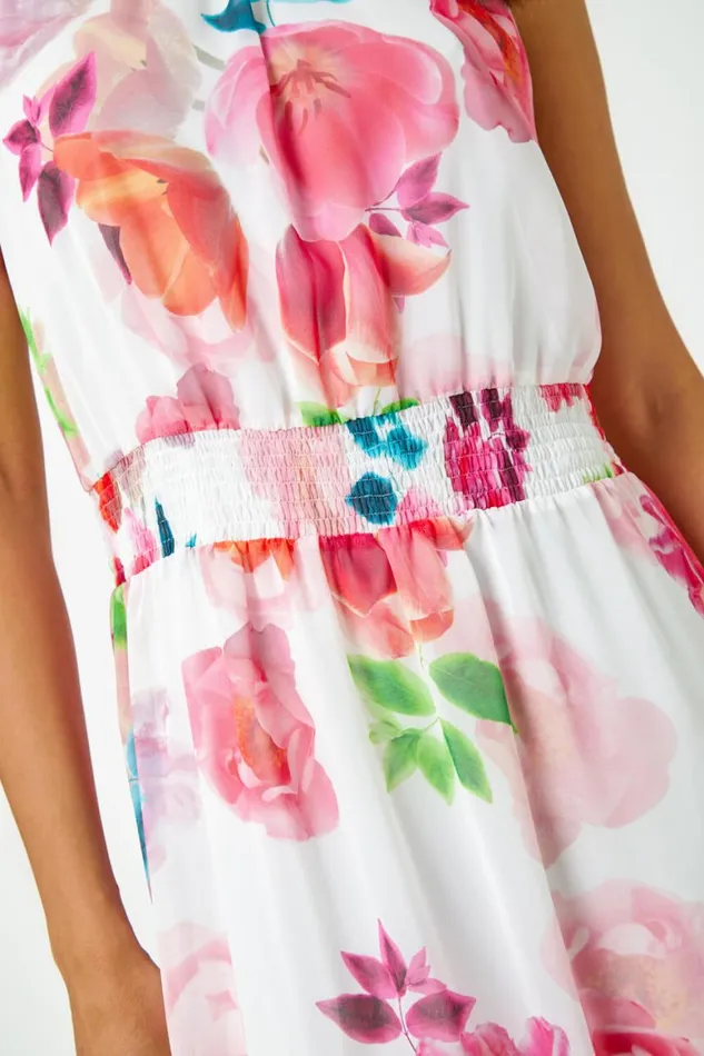 Women Ivory Floral Print Halterneck Chiffon Tiered Dress Roman Dresses