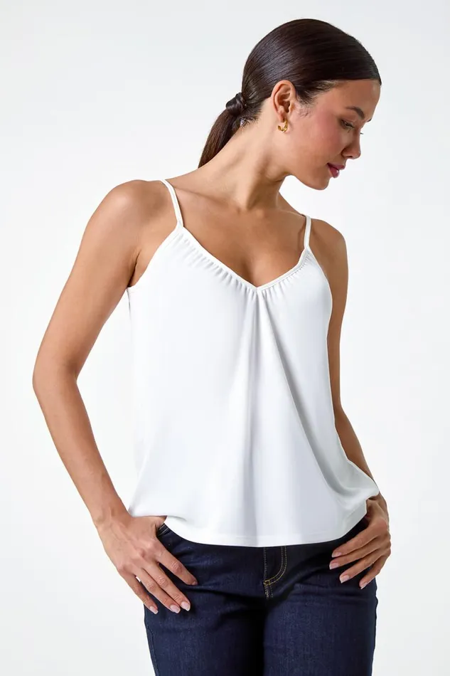 Women Ivory Gathered VNeck Stretch Vest Top Roman Tops