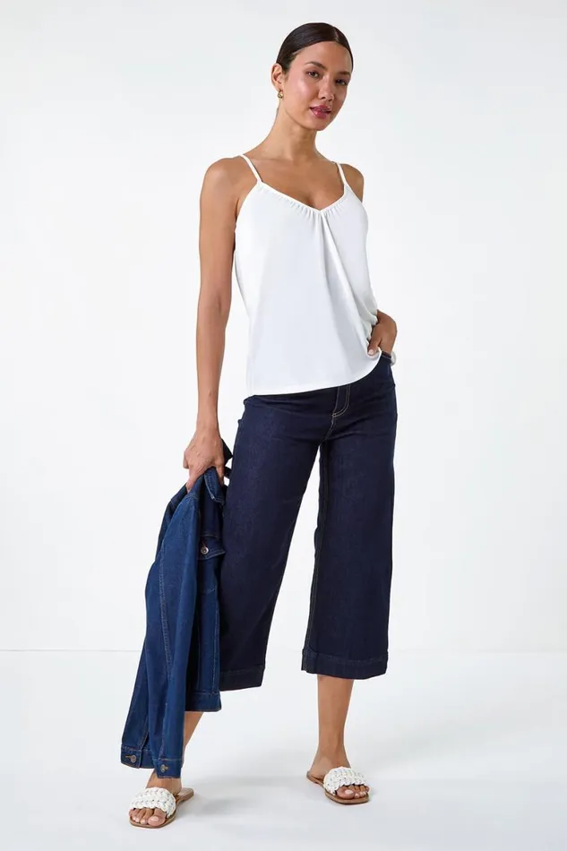 Women Ivory Gathered VNeck Stretch Vest Top Roman Tops