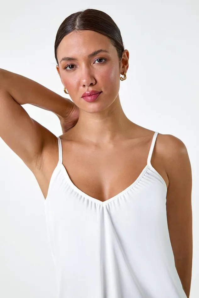 Women Ivory Gathered VNeck Stretch Vest Top Roman Tops