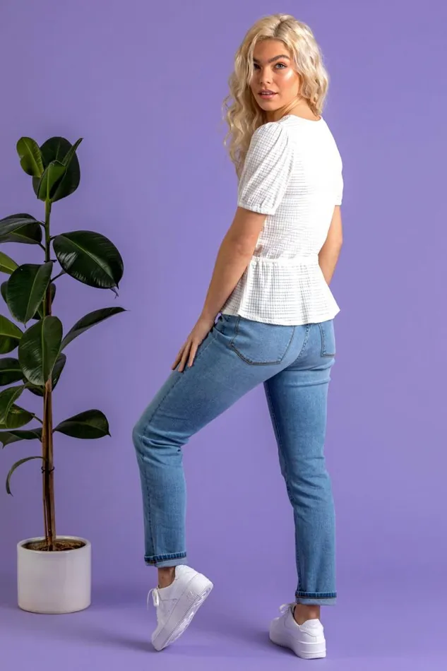 Women Ivory Jacquard Texture Peplum Top Roman Tops