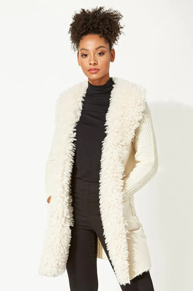 Women Ivory Longline Faux Shearling Knit Coatigan Roman Knitwear