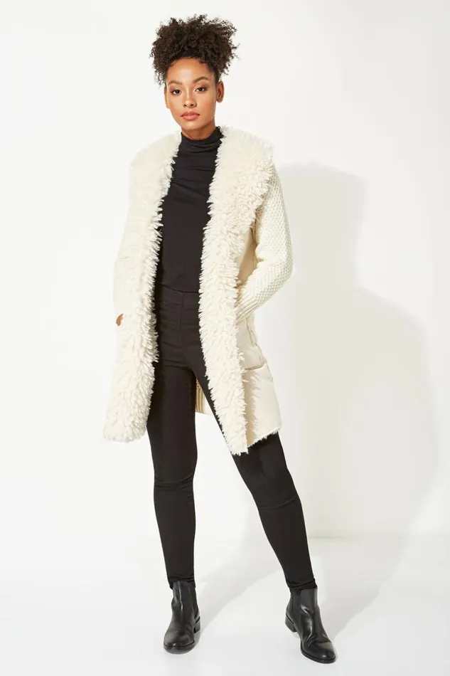 Women Ivory Longline Faux Shearling Knit Coatigan Roman Knitwear