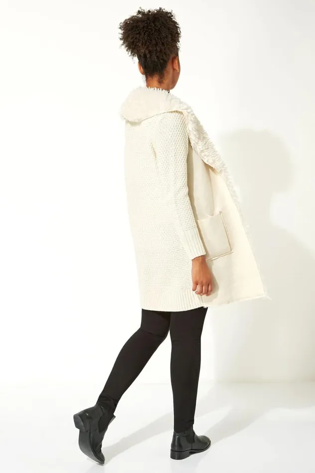 Women Ivory Longline Faux Shearling Knit Coatigan Roman Knitwear