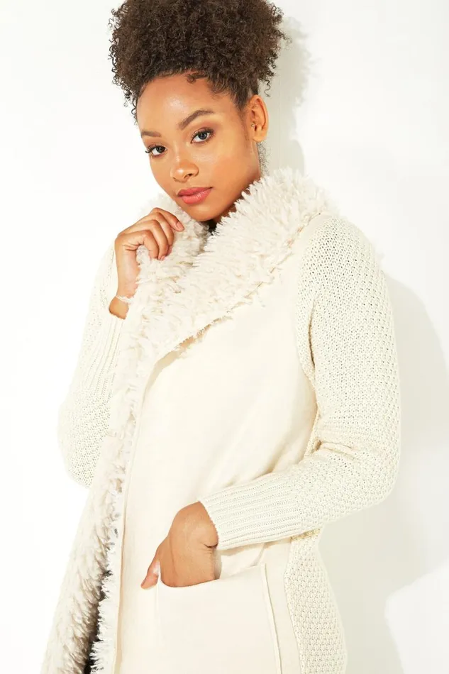 Women Ivory Longline Faux Shearling Knit Coatigan Roman Knitwear