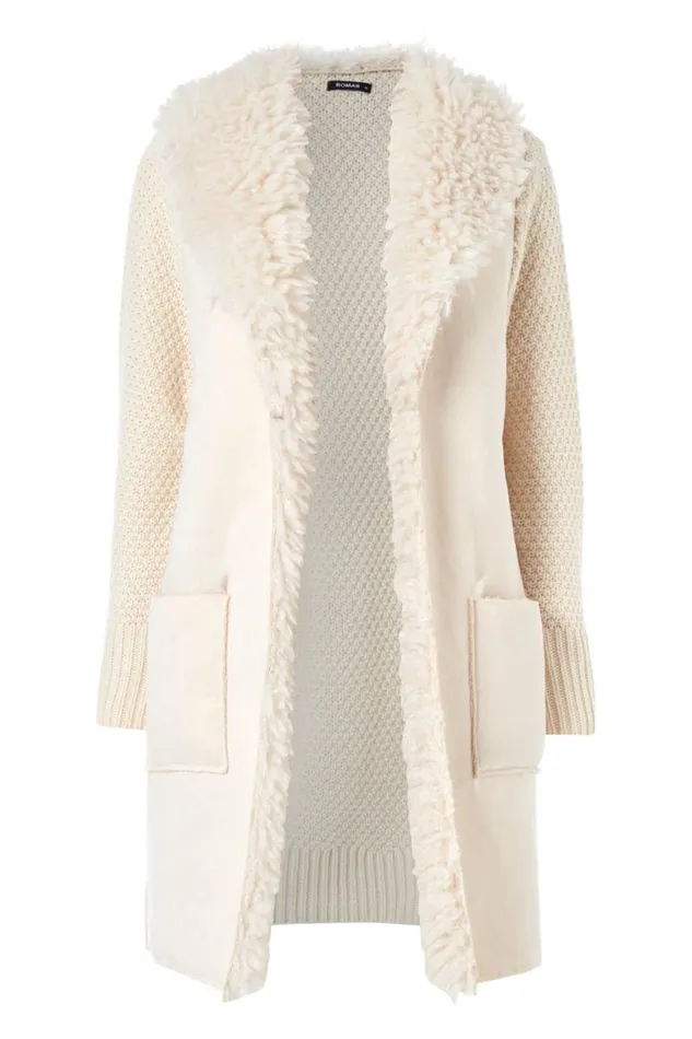 Women Ivory Longline Faux Shearling Knit Coatigan Roman Knitwear