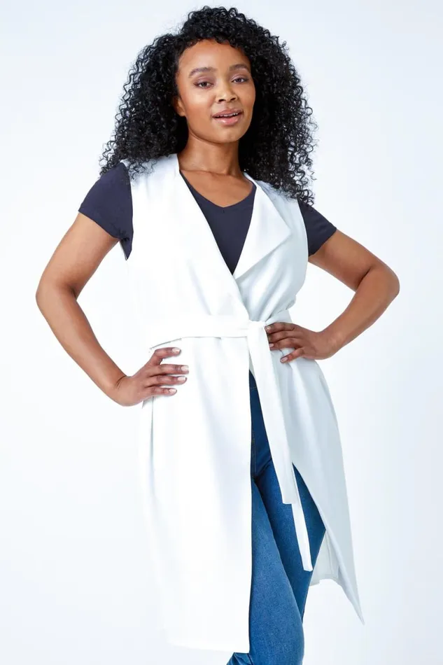 Women Ivory Petite Sleeveless Longline Jacket Roman Jackets