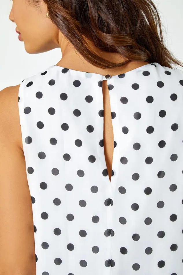 Women Ivory Sleeveless Polka Dot Top Roman Tops