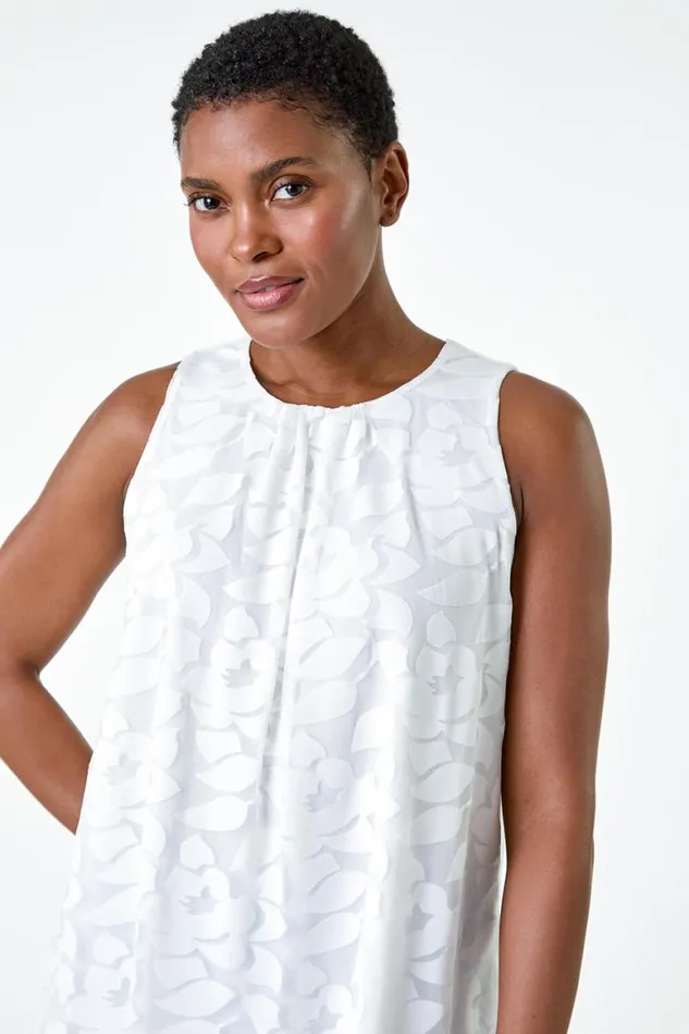 Women Ivory Sleeveless Textured Floral Print Top Roman Tops