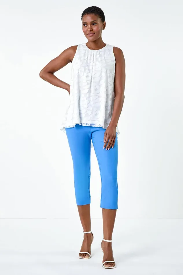 Women Ivory Sleeveless Textured Floral Print Top Roman Tops