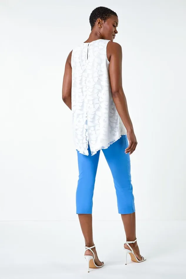 Women Ivory Sleeveless Textured Floral Print Top Roman Tops