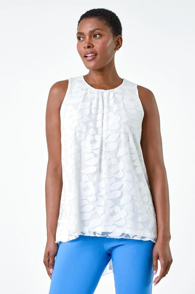 Women Ivory Sleeveless Textured Floral Print Top Roman Tops