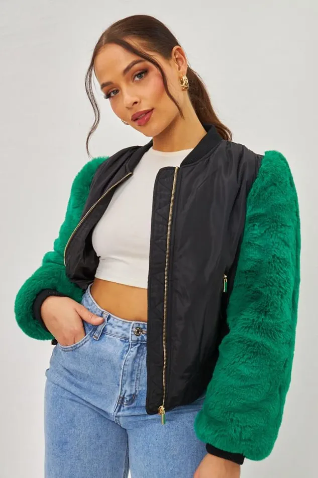 Women Jacket With Green Fur Sleeves Brentiny Paris Jackets