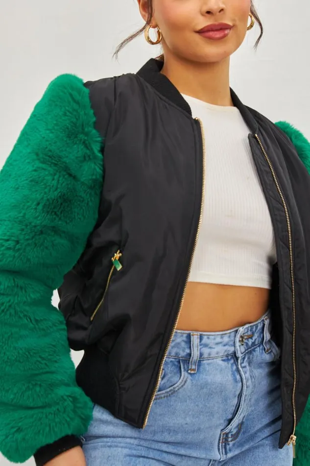 Women Jacket With Green Fur Sleeves Brentiny Paris Jackets