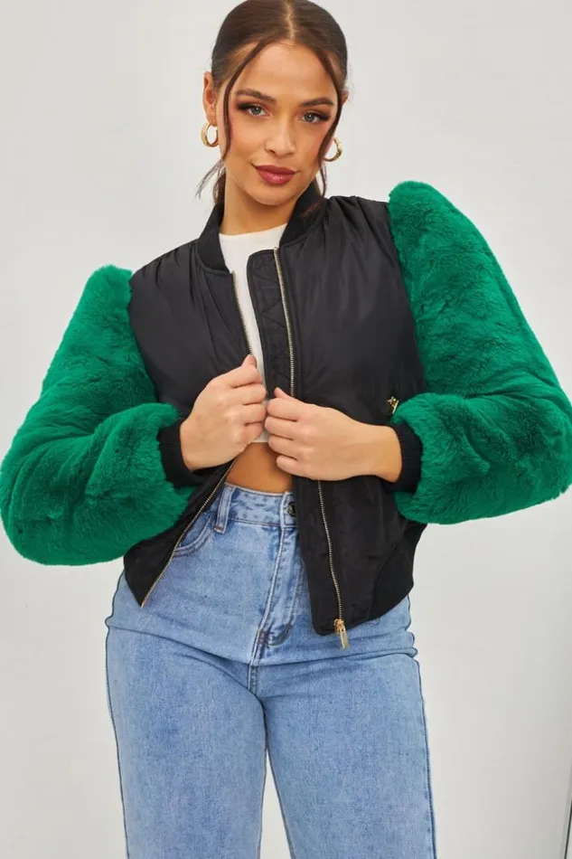 Women Jacket With Green Fur Sleeves Brentiny Paris Jackets