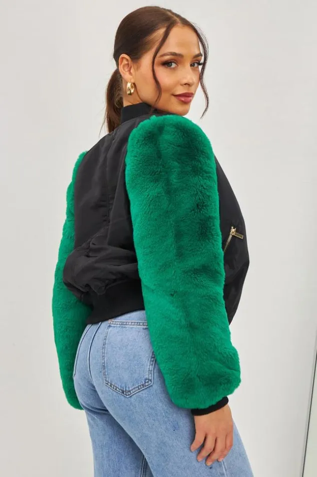 Women Jacket With Green Fur Sleeves Brentiny Paris Jackets