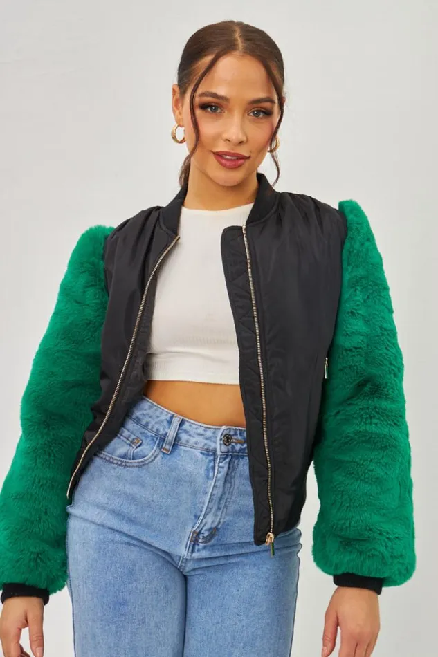 Women Jacket With Green Fur Sleeves Brentiny Paris Jackets