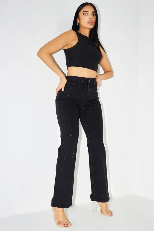 Women Jeans Mom Strass Noir Black Brentiny Paris Jeans