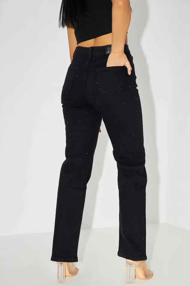 Women Jeans Mom Strass Noir Black Brentiny Paris Jeans