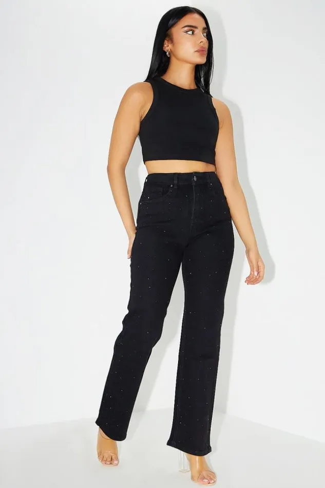 Women Jeans Mom Strass Noir Black Brentiny Paris Jeans
