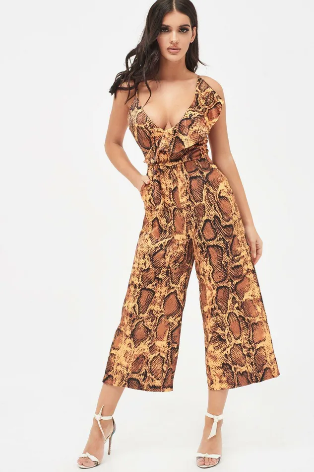 Women Jumpsuits and Playsuits Lavish Alice NORA Satin Frill Wrap Culotte Jumpsuit In Golden Yellow Snake Print Golden Yellow Snake Print