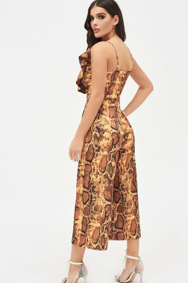 Women Jumpsuits and Playsuits Lavish Alice NORA Satin Frill Wrap Culotte Jumpsuit In Golden Yellow Snake Print Golden Yellow Snake Print