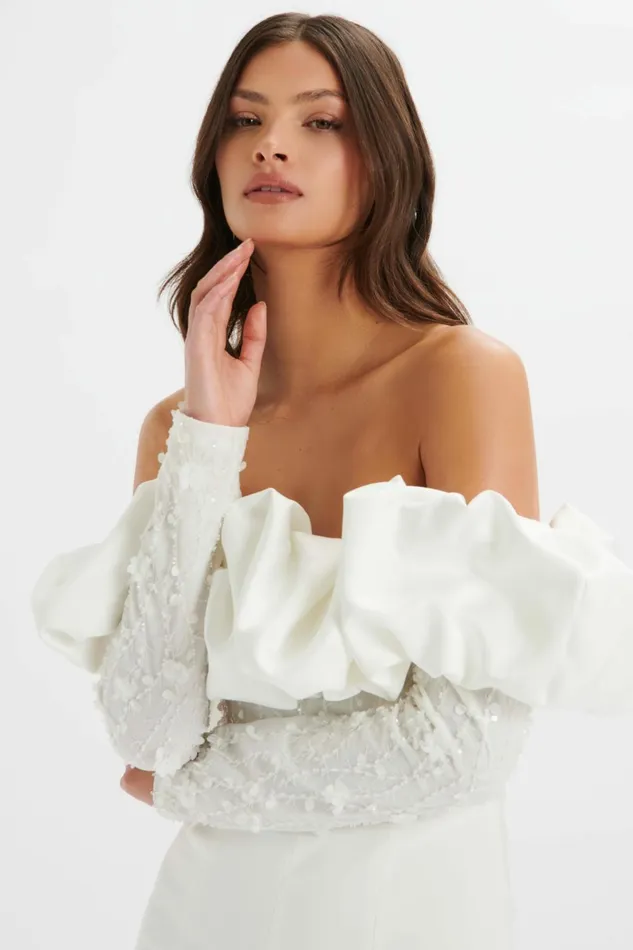 Women Jumpsuits and Playsuits Lavish Alice TALLULAH 3D Embroidered Satin Puff Jumpsuit In White White