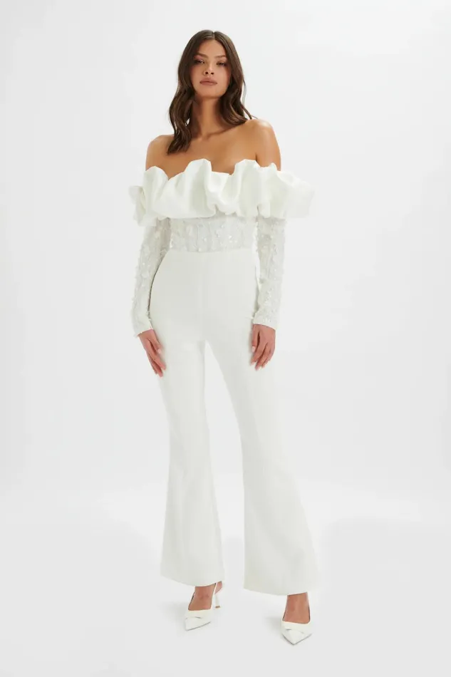 Women Jumpsuits and Playsuits Lavish Alice TALLULAH 3D Embroidered Satin Puff Jumpsuit In White White