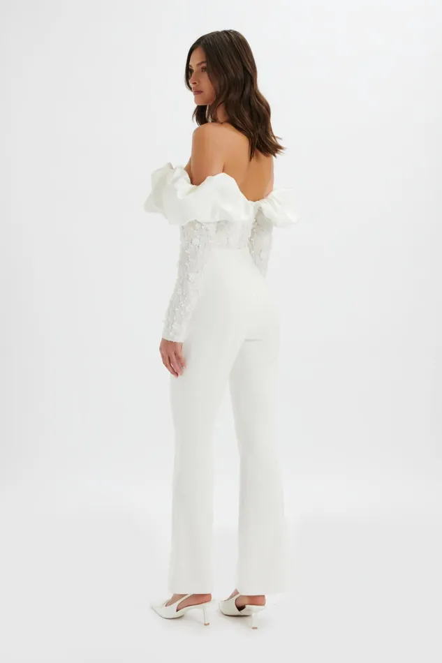 Women Jumpsuits and Playsuits Lavish Alice TALLULAH 3D Embroidered Satin Puff Jumpsuit In White White
