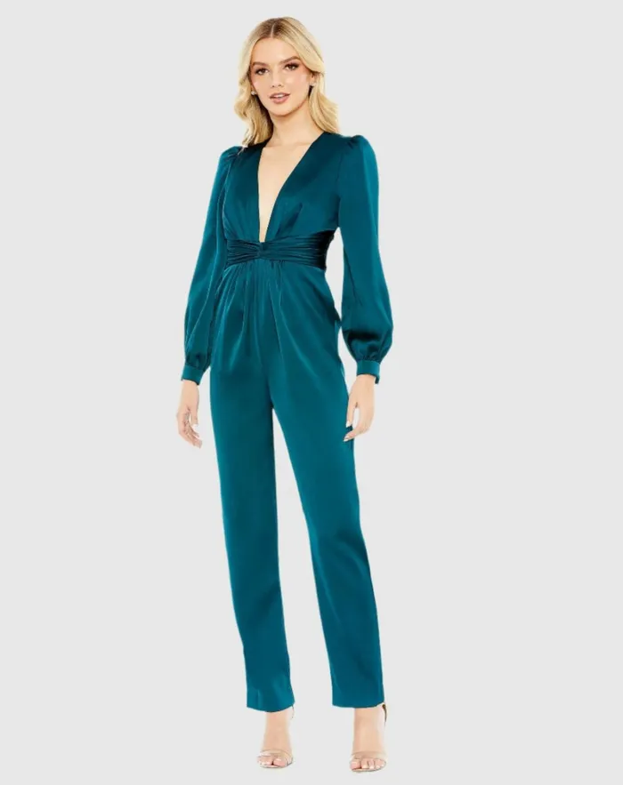Women Jumpsuits and Rompers Mac Duggal Teal Front Twist Puff Sleeve Deep V Jumpsuit Deep Green Women Jumpsuits and Rompers Mac Duggal Teal Front Twist Puff Sleeve Deep V Jumpsuit Deep Green