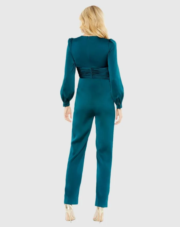 Women Jumpsuits and Rompers Mac Duggal Teal Front Twist Puff Sleeve Deep V Jumpsuit Deep Green