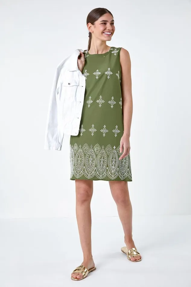 Women Khaki Broderie Contrast Hem Cotton Shift Dress Roman Dresses
