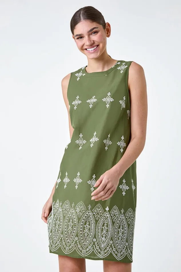 Women Khaki Broderie Contrast Hem Cotton Shift Dress Roman Dresses