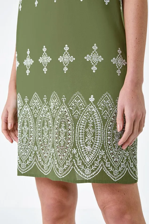 Women Khaki Broderie Contrast Hem Cotton Shift Dress Roman Dresses