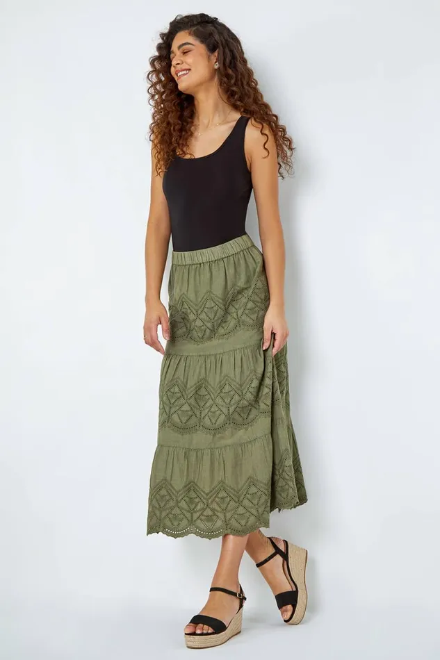 Women Khaki Broderie Elastic Waist A Line Tiered Midi Skirt Roman Skirts