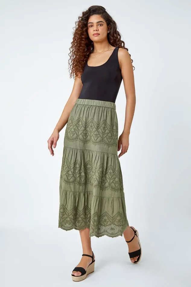 Women Khaki Broderie Elastic Waist A Line Tiered Midi Skirt Roman Skirts