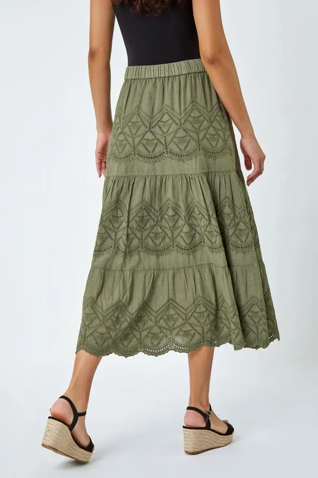 Women Khaki Broderie Elastic Waist A Line Tiered Midi Skirt Roman Skirts